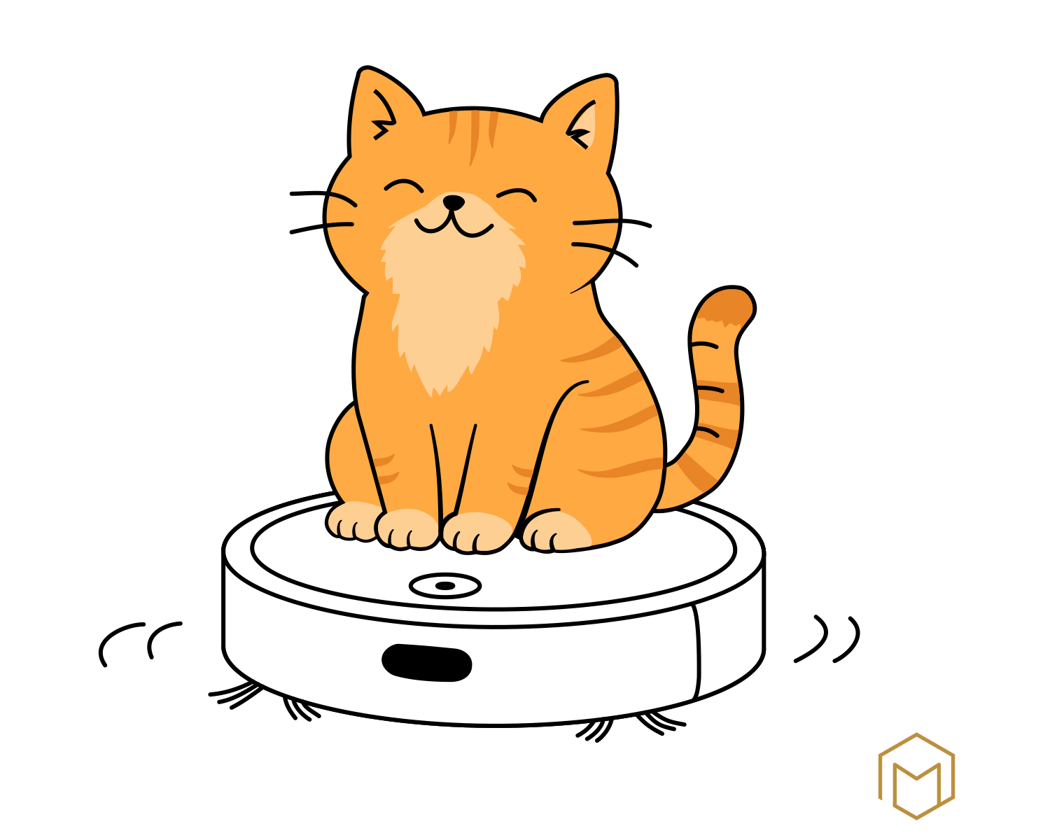 Eine entspannte rote Katze sitzt auf einem aktiven Staubsaugerroboter und lässt sich gemütlich durch das Wohnzimmer fahren