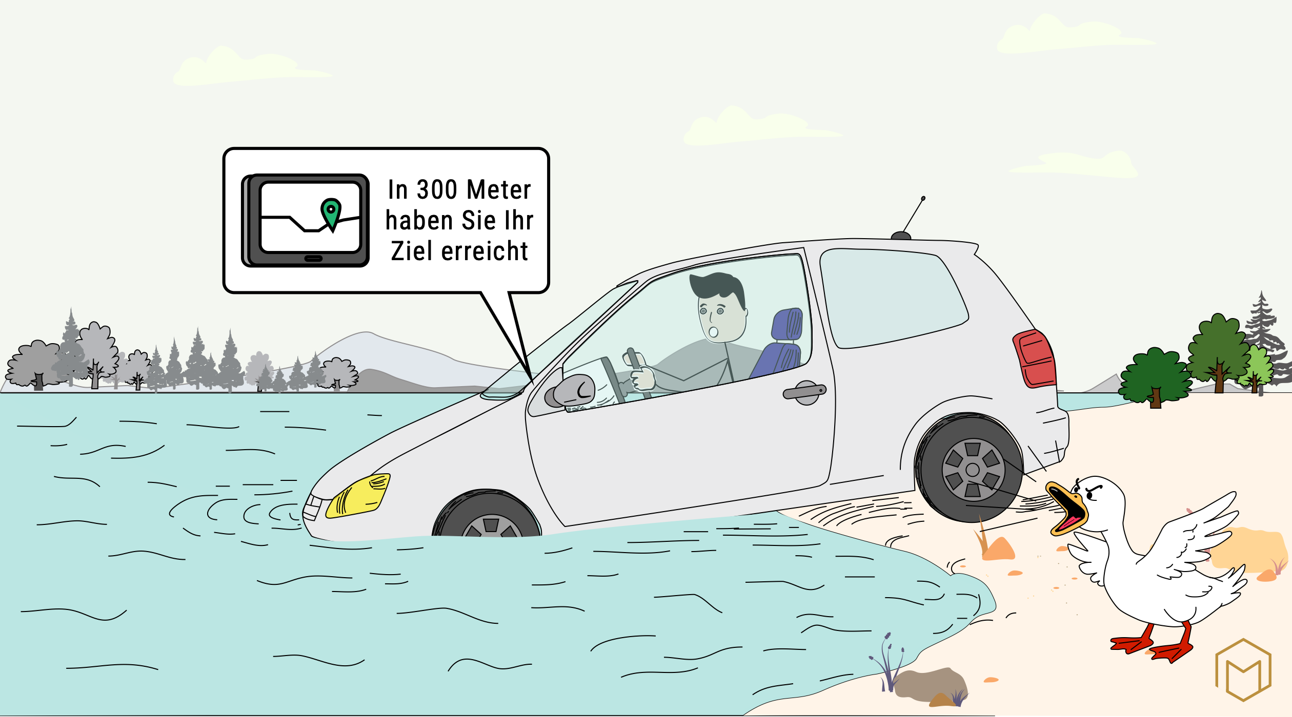 Strichmännchen in einem Auto am Seerand, das Navi zeigt die gerade Strecke ins Wasser, Illustration des Death-by-GPS-Phänomens