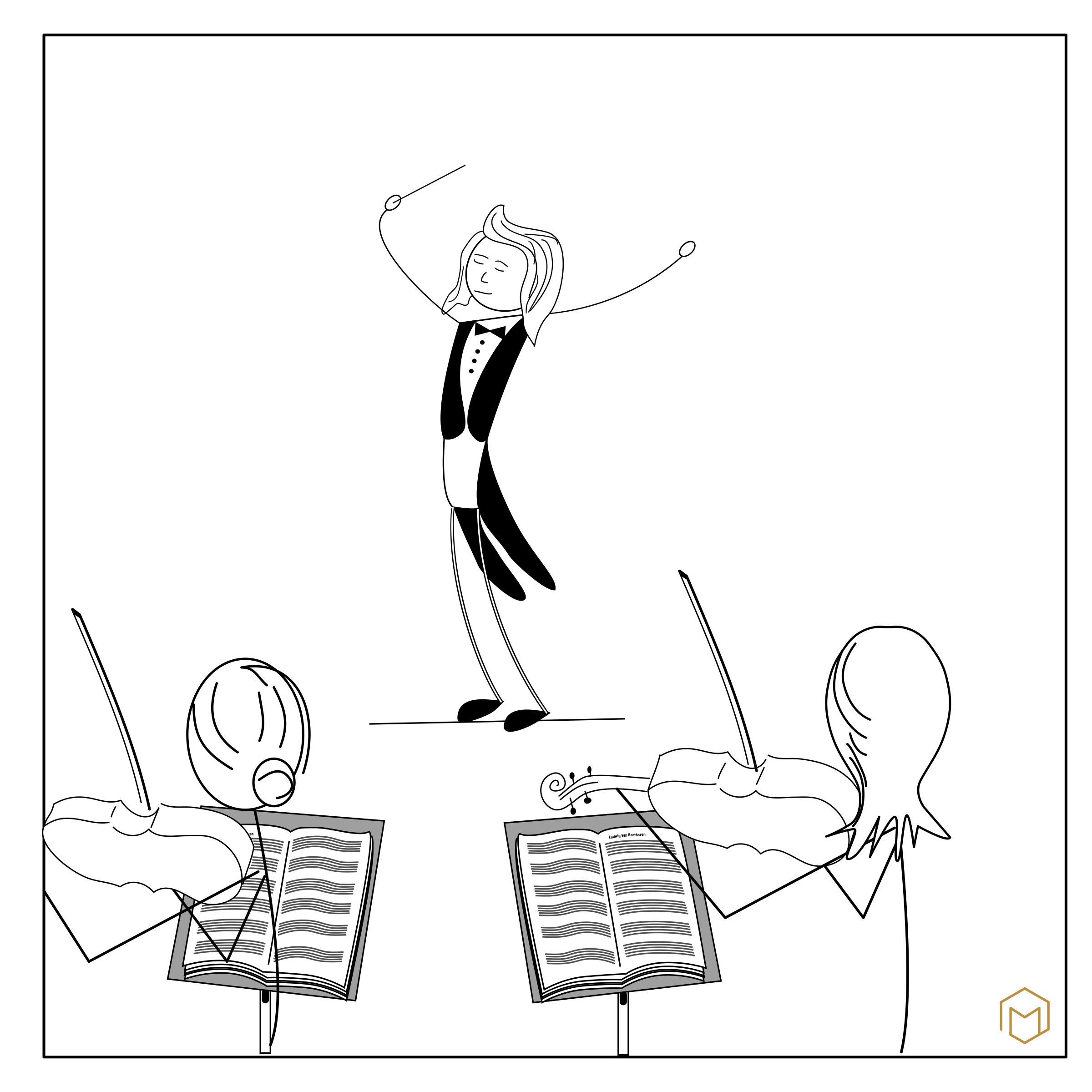 Minimalistische Strichzeichnung: Ein Dirigent mit geschlossenen Augen hebt den Taktstock, davor spielen zwei Musiker an Notenpulten Violine, auf einem Notenblatt steht Ludwig van Beethoven.