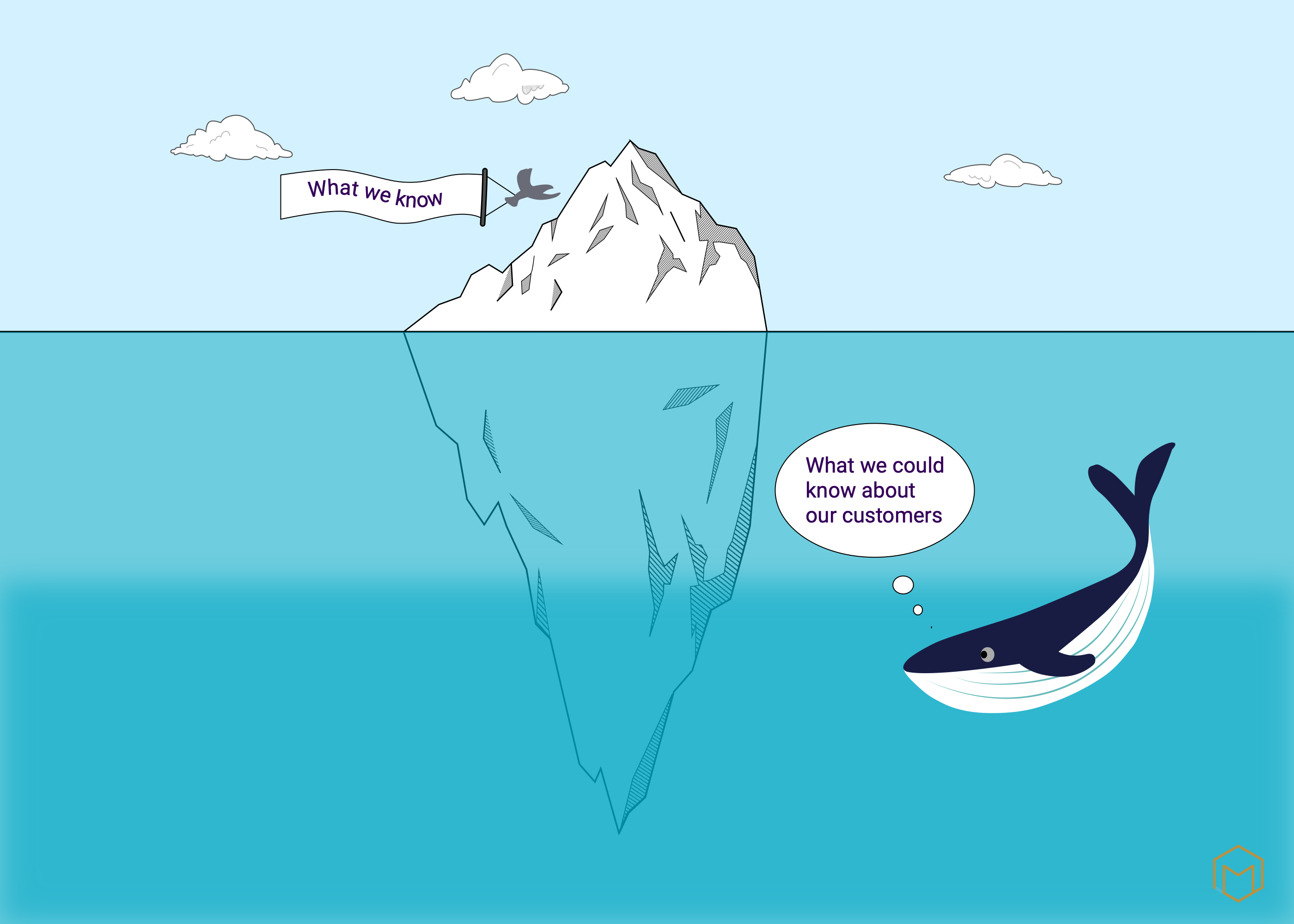 Iceberg illustration: Above the water ‘What we know’, beneath the water a whale saying ‘What we could know about our customers’