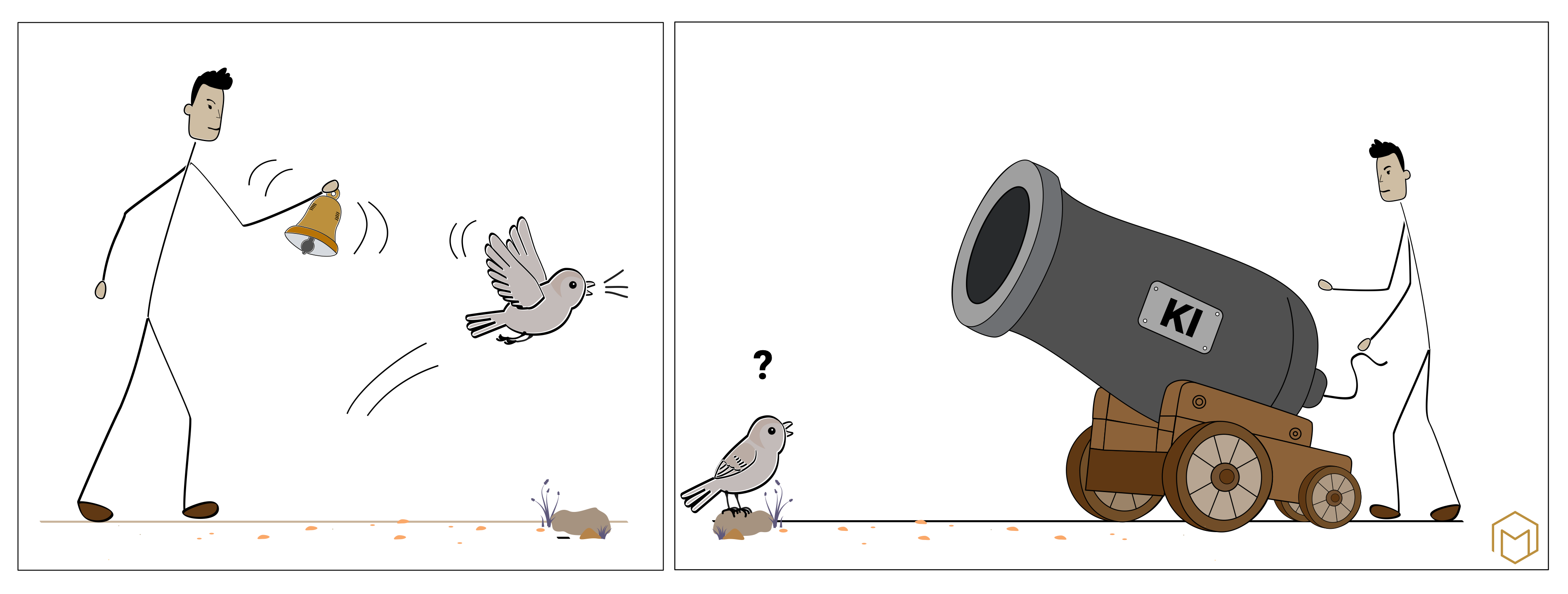 Zweiteilige Strichzeichnung. Links verjagt eine Figur einen Spatz mit einer kleinen Glocke. Rechts rollt dieselbe Figur eine riesige Kanone mit der Aufschrift KI auf denselben Spatz zu. Sinnbild für mit Kanonen auf Spatzen schießen, ein überdimensioniertes Werkzeug für eine winzige Aufgabe