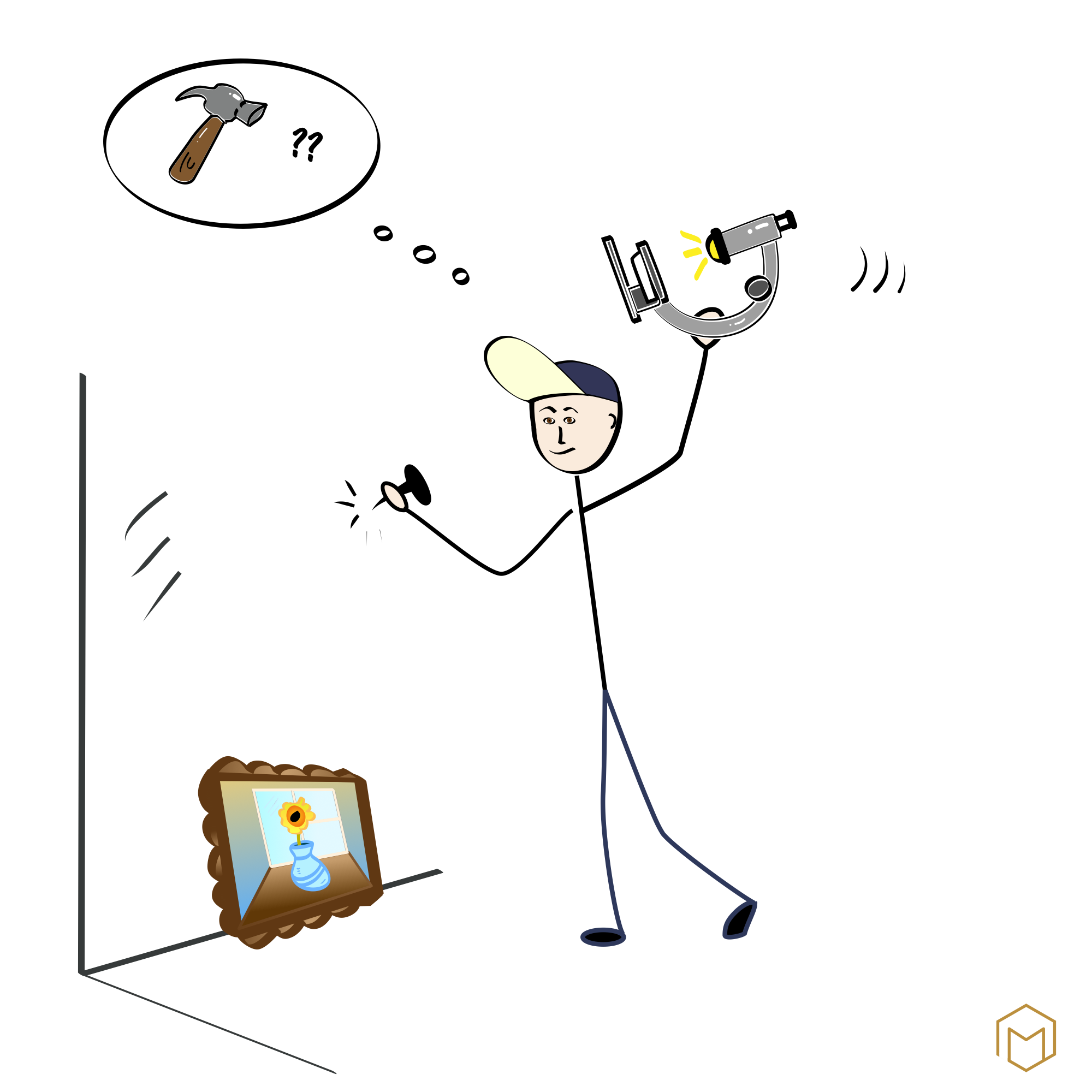 Strichfigur schlägt einen Nagel mit einem Mikroskop statt mit einem Hammer in die Wand. Sinnbild für das falsche Werkzeug zur Aufgabe.