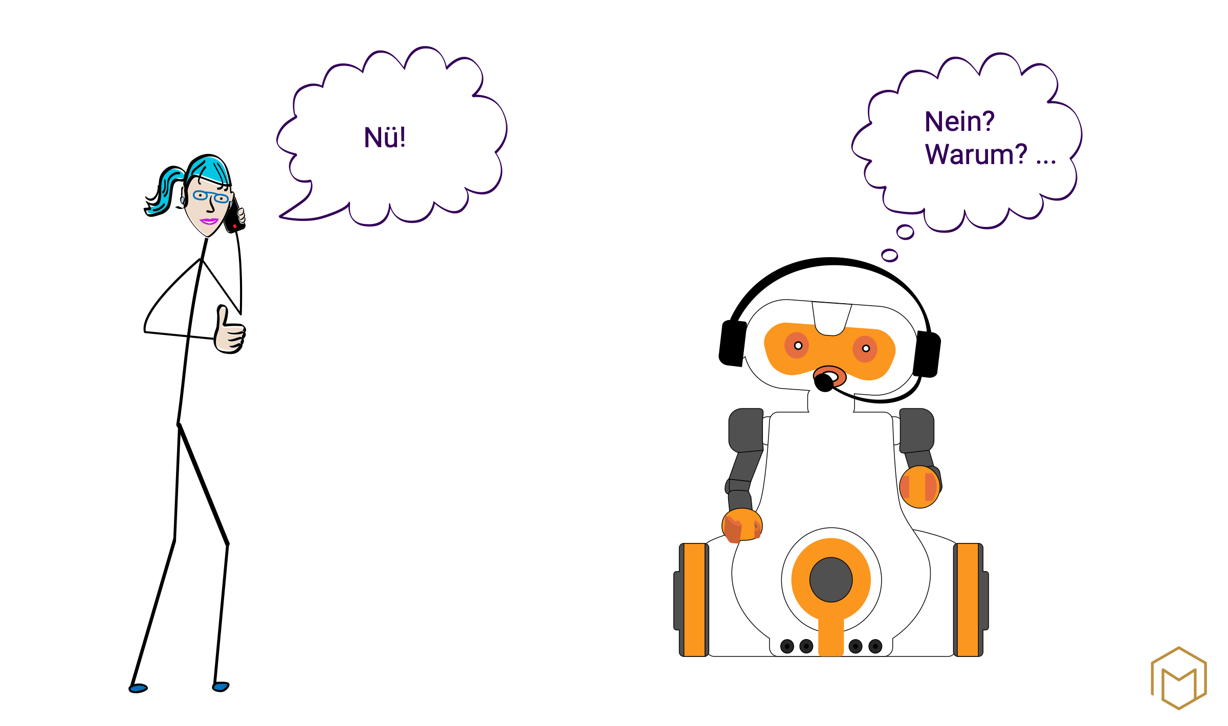 Skizzenhafte Illustration: Eine Frau telefoniert und sagt 'Nü' mit erhobenem Daumen als Zeichen der Zustimmung. Rechts steht ein technisch aufwendiger Voicebot mit Headset. In seiner Gedankenblase steht 'Nein? Warum? ...' Der Bot versteht das sächsische 'Nü' als Verneinung und bleibt in seiner Frage stecken.